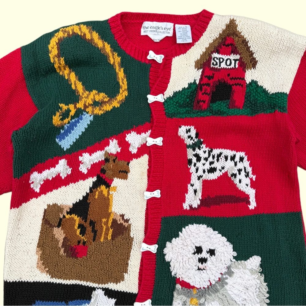 Vintage 90s Eagles Eye Dog Hand Knit Cardigan. Sweater Rare Size L Pets USA - Picture 2 of 11